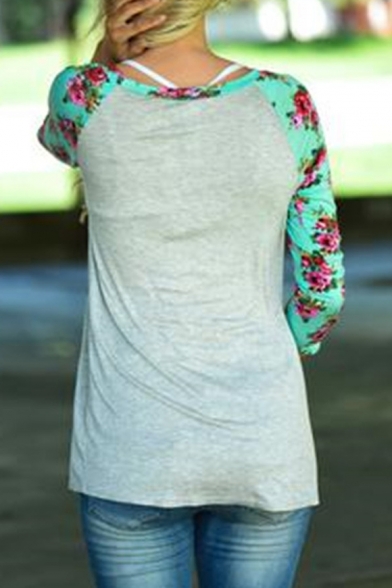 New Stylish Contrast Floral Printed Raglan 3/4 Length Sleeve T-Shirt