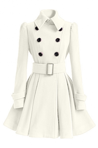Women's Double Breasted Belt Waist Plain A-Line Trench Coat