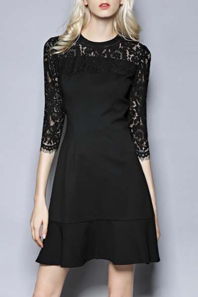 Fashion Lace Insert 3/4 Length Sleeve Plain Ruffle Hem Midi A-Line Dress