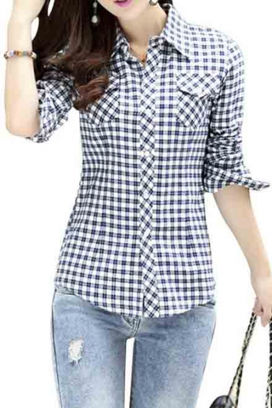 Lasher Female Cotton Casual Plaid Button-up Shirts