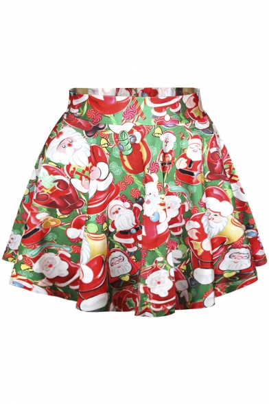 Women's Holiday Season Christmas Santa Xmas Print Mini Flared Tutu Skirt
