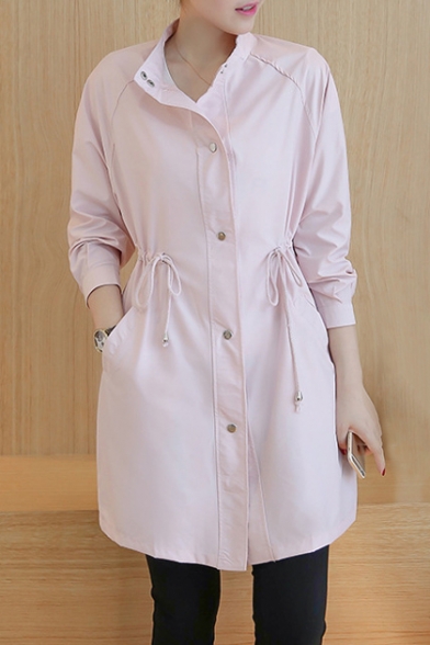 Women's Single Breasted Drawstring Waist Solid Color Longline Coat