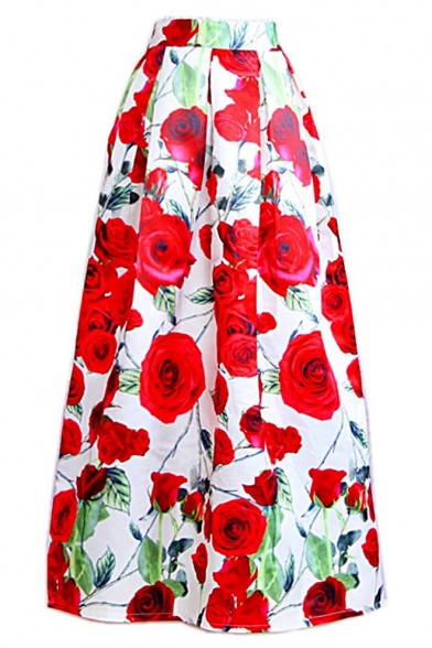 Floral Printed OL Maxi Skirt for Women High Waist