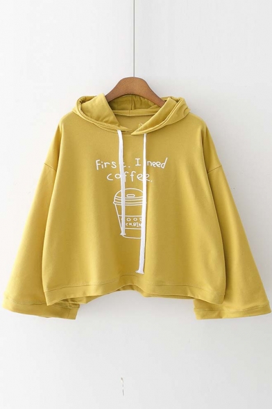Loose Hooded Dropped Long Sleeve Graphic Printed Cropped Hoodie