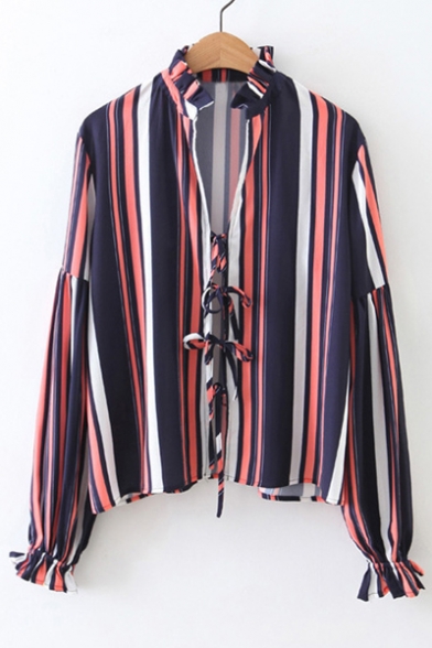 Women's Petal Collar Striped Print Lace-Up Front Long Sleeve Blouse