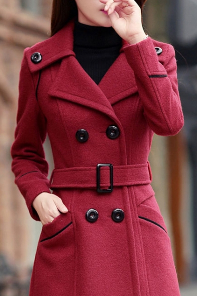 Women's Plain Double Breasted Belt Waist Winter Warm Coat