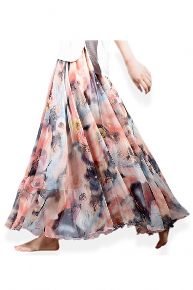 Womens Summer Chiffon Floral Print Maxi Long Skirt