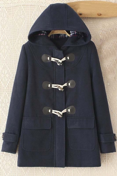 Chic Hooded Single Breasted with Horn Buttons Plain Tunic Coat
