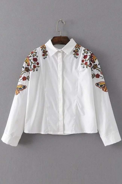 Floral Embroidery Long Sleeve Peter Pan Collar Women's Shirt