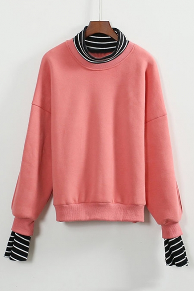New Striped High Neck and Cuffs False Two-Pieces Pullover Sweatshirt