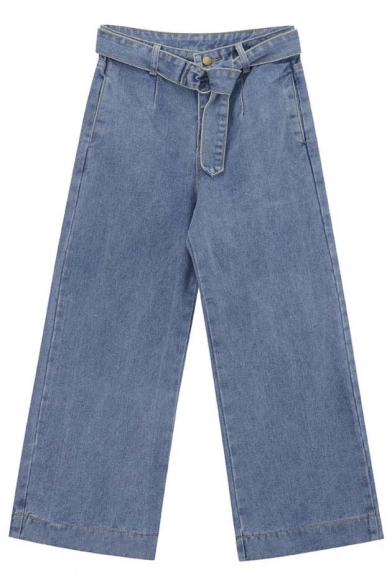 Retro Style Belt High Waist Plain Straight Wide-Leg Jeans