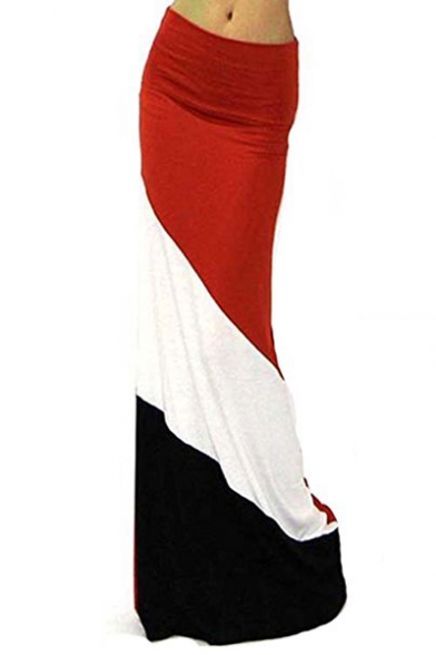 Women's Rayon Span Banded Waist Color Block Full Length Maxi Skirt