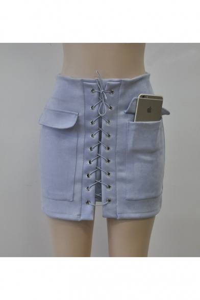 Women's Vintage Lace Up High Waist Bodycon Faux Suede Mini Skirt