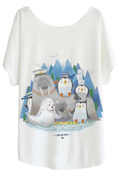 Cute Cartoon Seal Penguin Printed Batwing Short Sleeve Tee with Round Neck