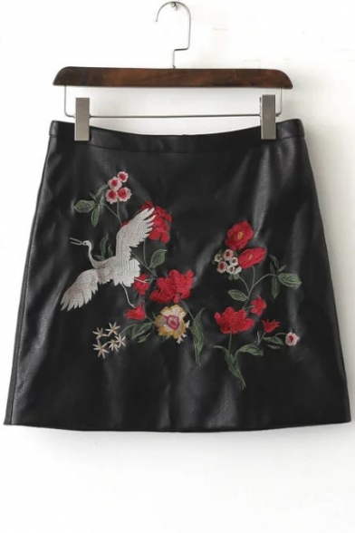 Floral Bird Embroidery Women's Chic PU A-Line Mini Skirt