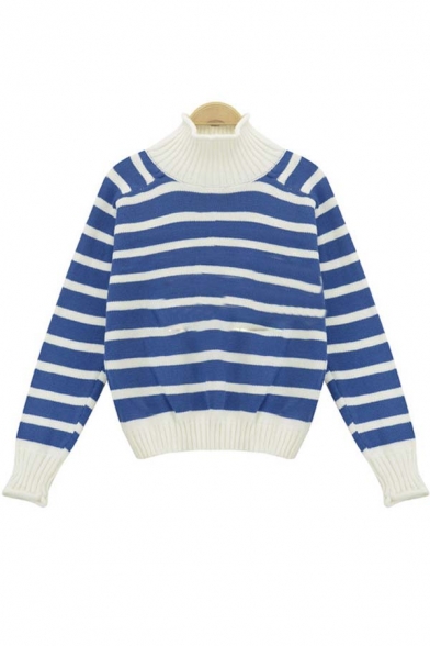 High Neck Long Sleeve Stripe Print Women's Loose Basic Sweater