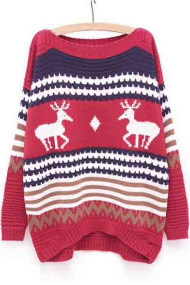 Loose Oversize Deer Print Color Block Women's Round Neck Sweater