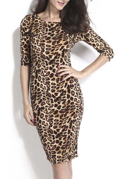 Sexy Ladies Leopard Low V Back Long Sleeve Formal Cocktail Party Midi Dress