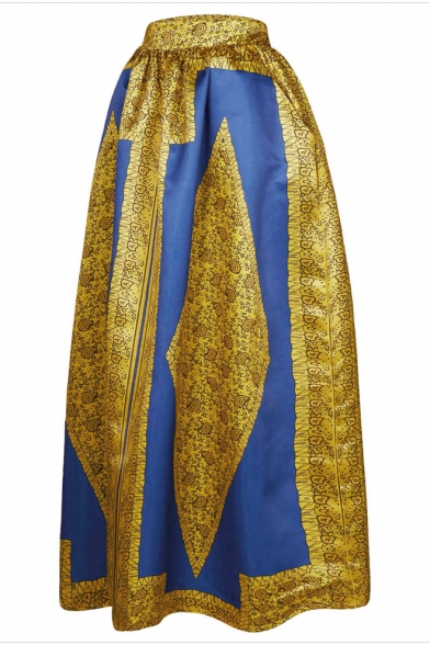 Women's African Print High Waist A-Line Pleated Maxi Skirt