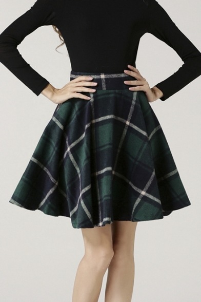 Women's High Waisted Wool Check Print Plaid A-line Skirt