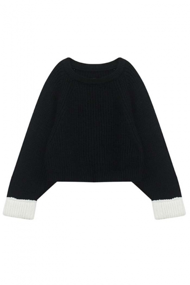 Loose Pullover Color Block Long Sleeve Round Neck Women's Sweater