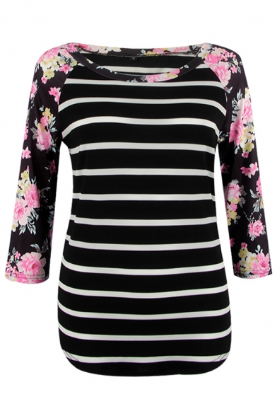 New Arrival Striped Floral Printed Raglan 3/4 Length Sleeve T-Shirt Top