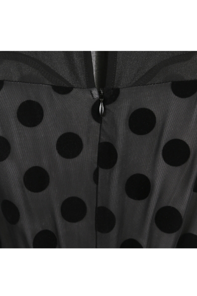 Retro Style Polka Dot Chiffon Panel Sleeveless Mesh Midi Fit & Flare Dress