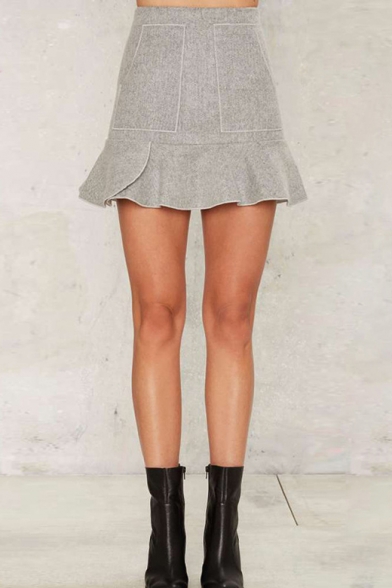 Ruffle Hem Pockets Design Women's Bodycon Mini Skirt