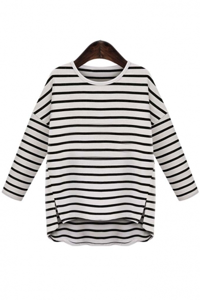 Trendy Striped Dropped Long Sleeve High and Low Trim Split Side Pullover T-Shirt