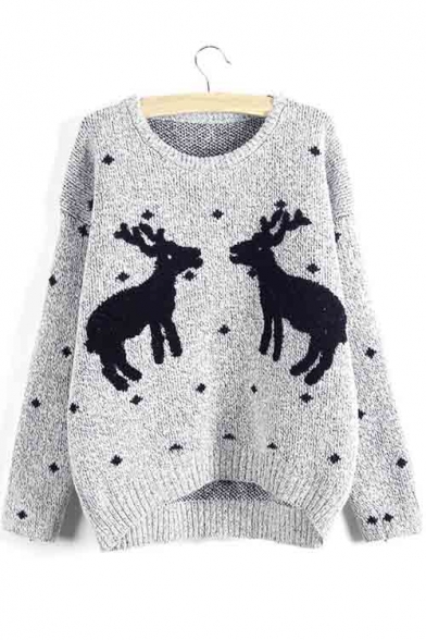 Women's Deer Print Round Neck High Low Hem Knitted Sweater