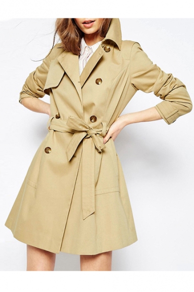 Women's Fashion Double Breasted Ribbon Waist Solid Color Trench Coat