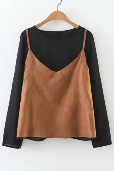Fake Two-Piece Color Block Women's Round Neck Long Sleeve Blouse