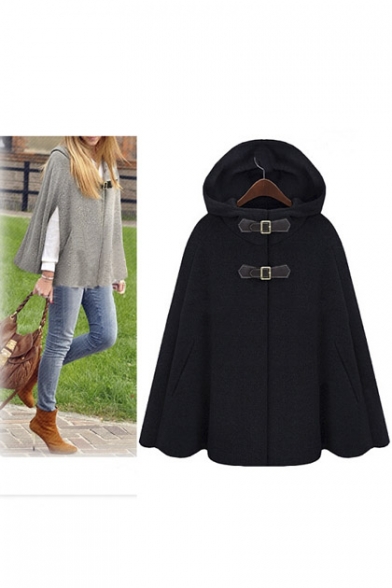 Fashion Hooded Double Buttons Plain Cape with Two Pockets