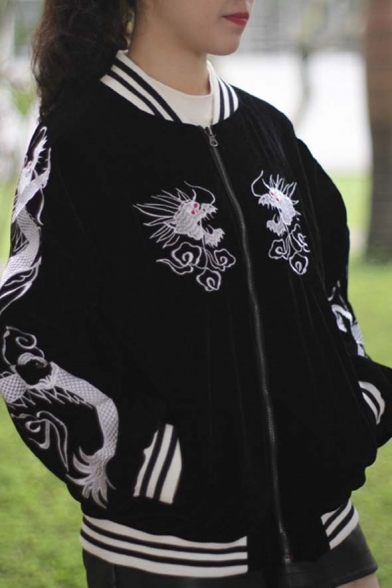 Fashion Stand-Up Collar Embroidery Dragon Zipper Placket Bomber Jacket