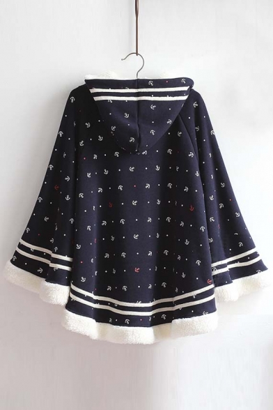 New Hooded Boat Anchor Print Striped Contrast Hem Woolen Cape