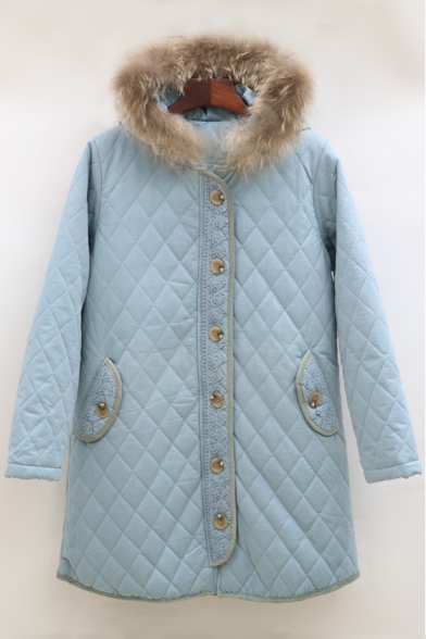 Single Breasted Long Sleeve Fur Hooded Women's Winter Warm Cotton Coat