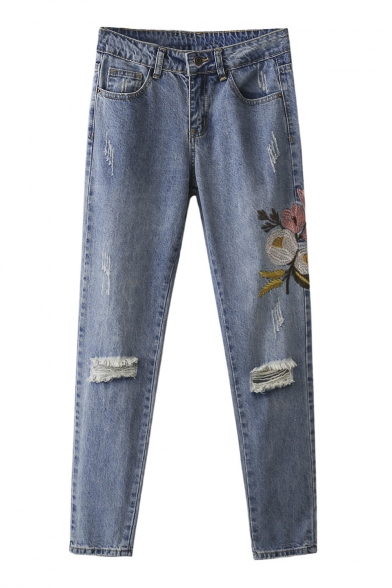 Stylish Floral Embroidery Ripped Mid Rise Skinny Jeans