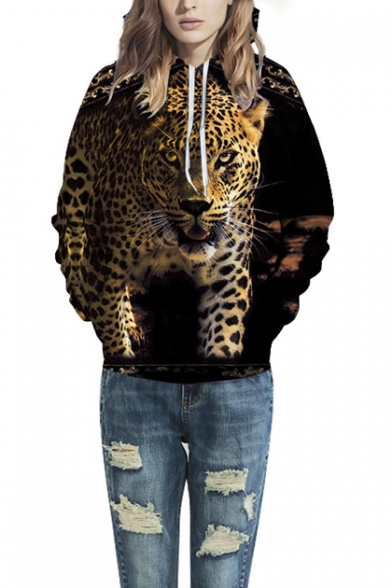 Unisex Simulation Printing Leopard Pocket Hooded Sweatshirt
