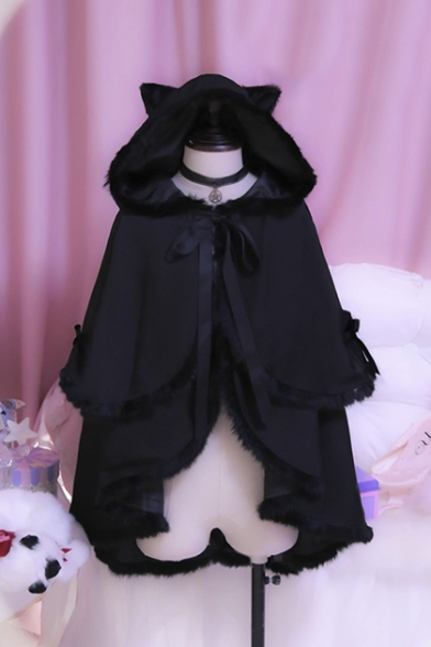 Women's Gothic Style Cat Hooded Bow Ribbon Front Layered Cape Coat