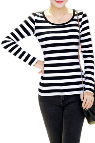 Women's Long Sleeve Stripe Pattern T-Shirt Loose Casual Tops