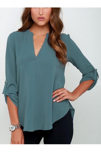 Women's Summer Blouses V Neck Cuffed Sleeve Blouse Shirts Tops