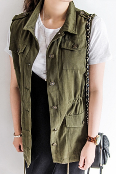 Womens Military Inspired Utility Drawstring Button Up Flap Pocket Vest