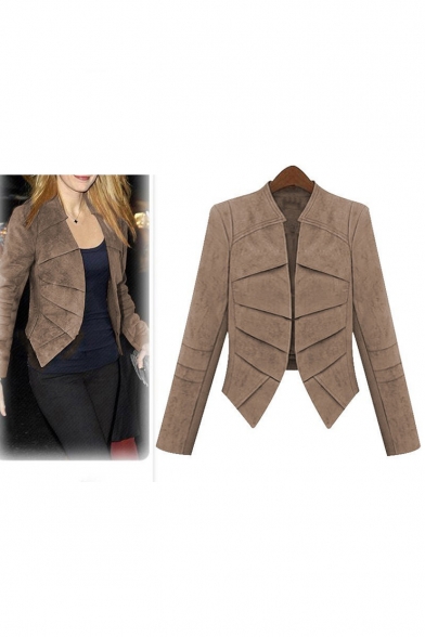 Fashion High and Low Hem Pleated Front Long Sleeve Plain Blazer