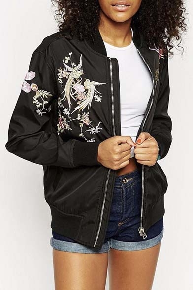 Fashion Stand-Up Collar Embroidery Phoenix Pattern Zipper Placket Bomber Jacket