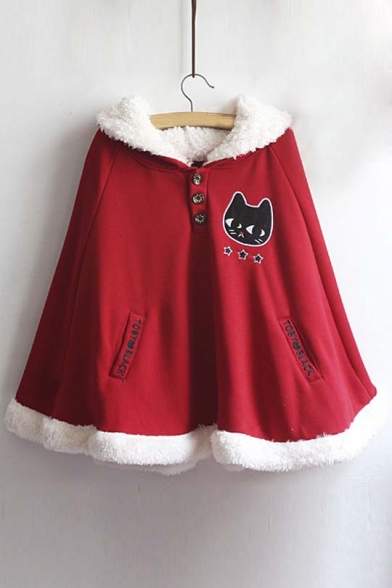 Lovely Preppy Style Hooded Embroidery Cat Letter Contrast Trim Cape