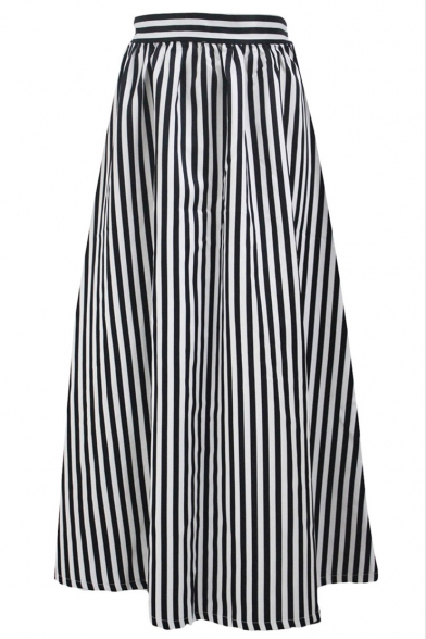 Women's Elastic Classic Black White Striped Print A-Line Maxi Skirt