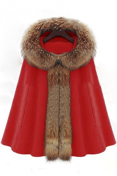 Chic Oversized Fur Hooded Single Button Plain Cape