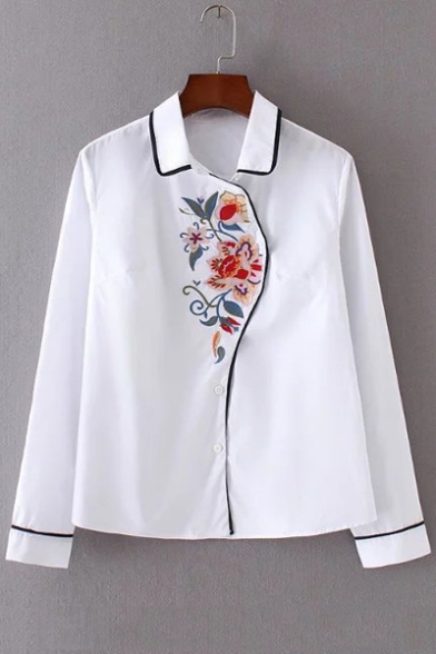 Floral Embroidery Long Sleeve Buttons Down Women's Basic Shirt