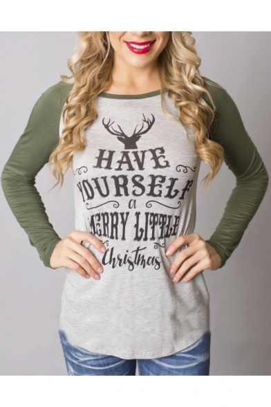 Women Casual Deer Letter Cotton Long Sleeve Shirt Tops
