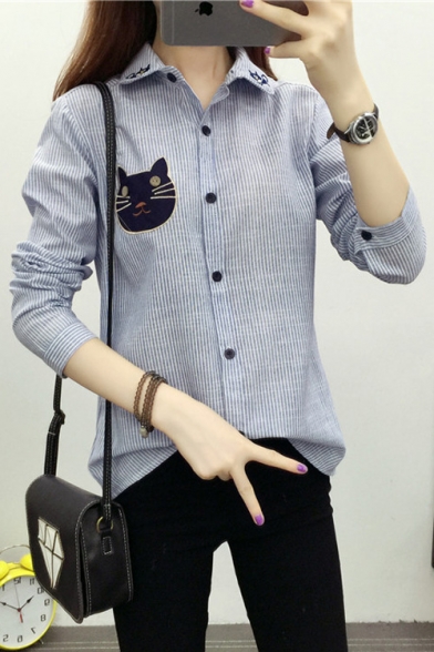 Women's Cat Embroidery Long Sleeve Striped Print Basic Casual Shirt